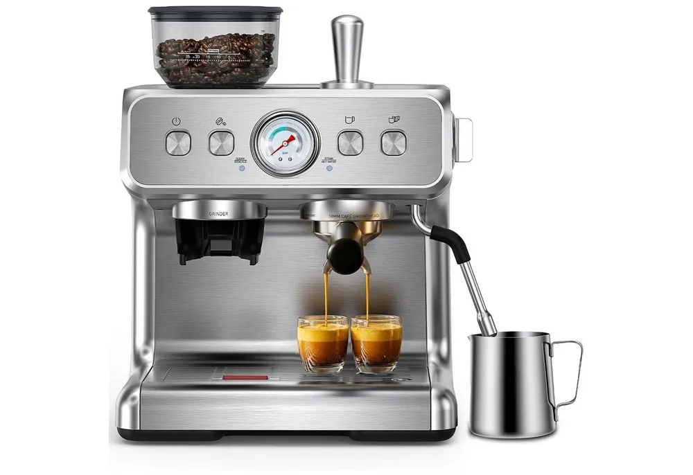 COWSAR Espressomaschine Kaffeemaschine mit integriertem Kegelmahlwerk,30 Mahlgradeinstellungen,PID-Temperaturregelung, Manometer, Edelstahl-Espressomaschine mit Tassenwärmer