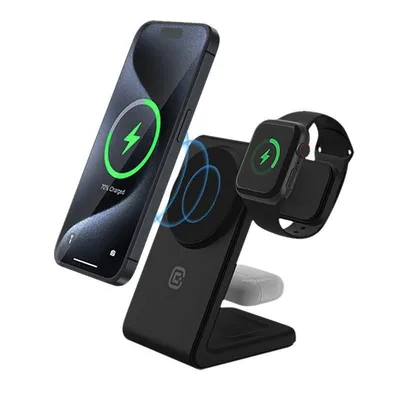 Ladegerät Crong CRG-MSPS-BLK 3-in-1 MagSafe Qi Schwarz USB-C kabelloses Laden