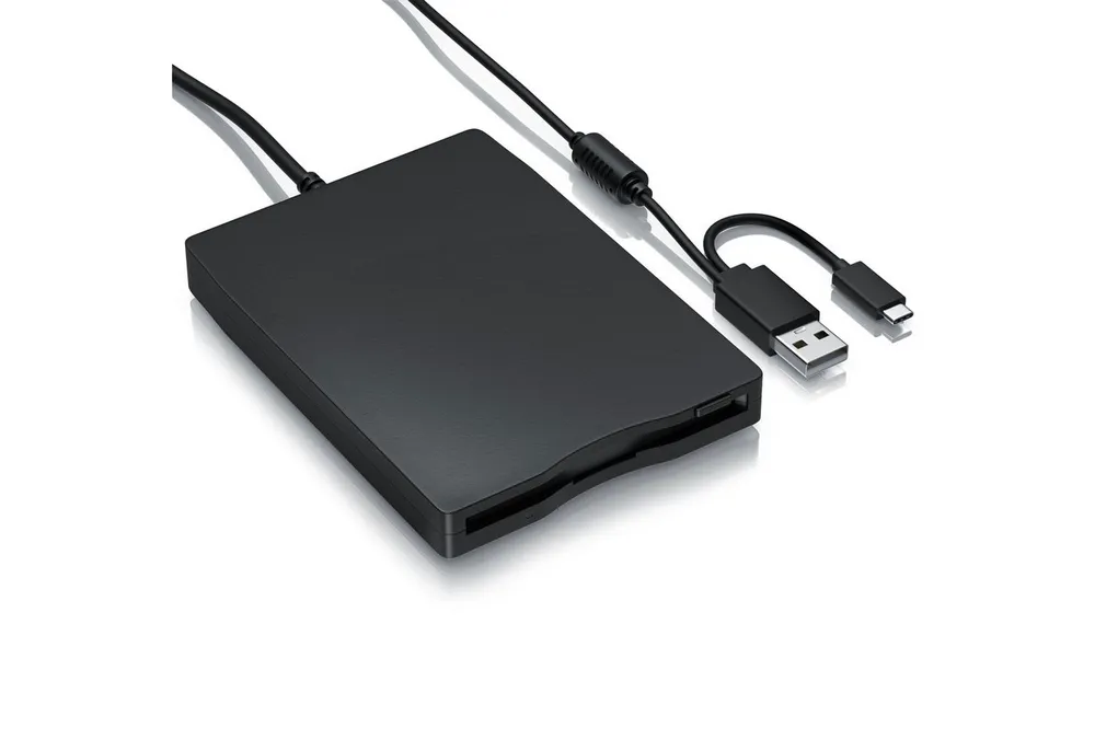 CSL Externes 3,5 Zoll, 1,44 MB, USB A und C, Plug & Play Diskettenlaufwerk (USB 2.0, USB-A, USB-C, Slimline Design, keine Treiber, Windows 10 11, schwarz, 14x10x1,7 cm)