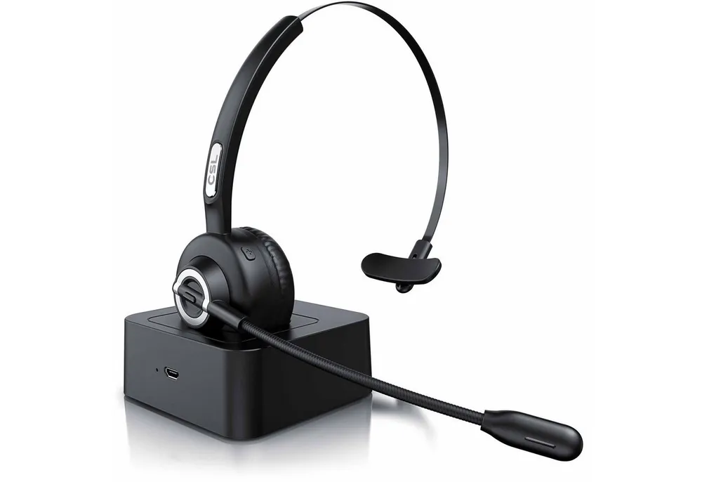 CSL Headset kabellos, inklusive Ladestation und Rauschunterdrückung Wireless-Headset (Rauschunterdrückung, Noise-Cancelling, Freisprechfunktion, True Wireless, Bluetooth, Mono Bluetooth Headset mit flexiblem Mikrofon und USB Ladeport)
