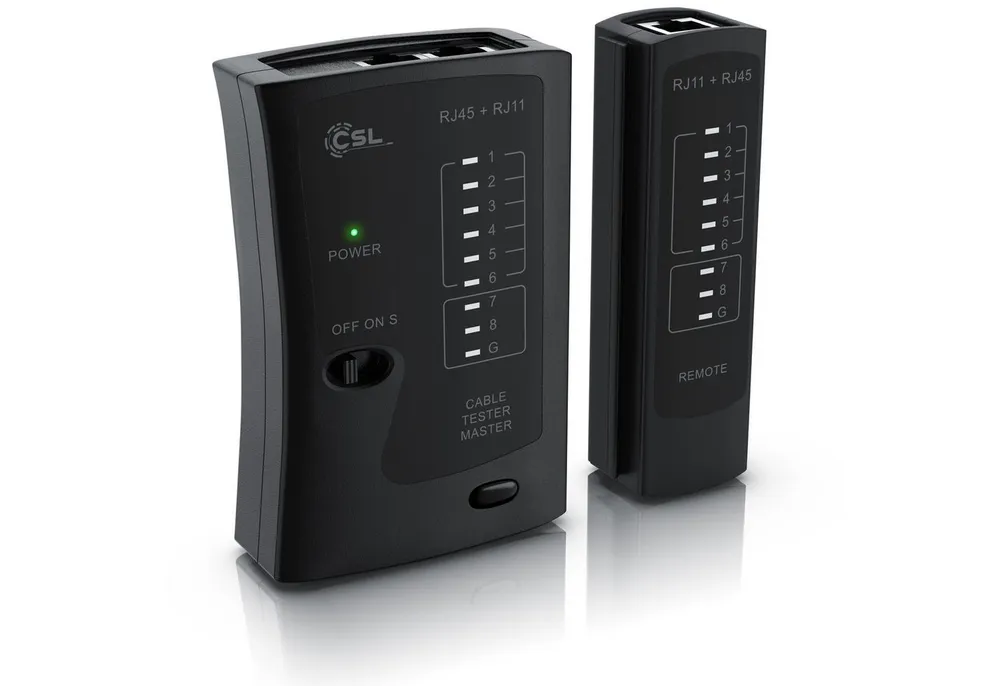 CSL Kabeltester für RJ45 & RJ11 Kabel, Leitungen in Böden, Wänden & Decken Netzwerk-Adapter RJ-45 (Ethernet) zu 2x RJ45, 2x RJ11, Patchkabel Tester, Leitungstester, LAN Network Cable Tester