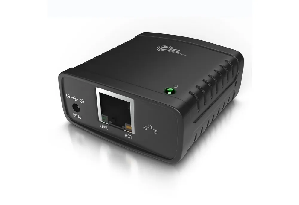 CSL LAN Printserver mit Netzteil, Fast Ethernet USB 2.0 High Speed, USB-Adapter, Netzwerk USB zu RJ45, DHCP, LRP Print Server für PC & MAC, Windows 10
