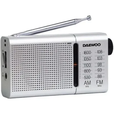 Daewoo DW1037 Tragbares AM/FM-Radio mit Kopfhörern und Teleskopantenne, Silber