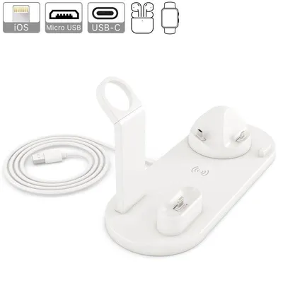4-in-1 Ladestation mit kabelloser Qi-Ladung, drehbarer Lightning, USB-C und Micro-USB-Halterung für Apple Watch und AirPods