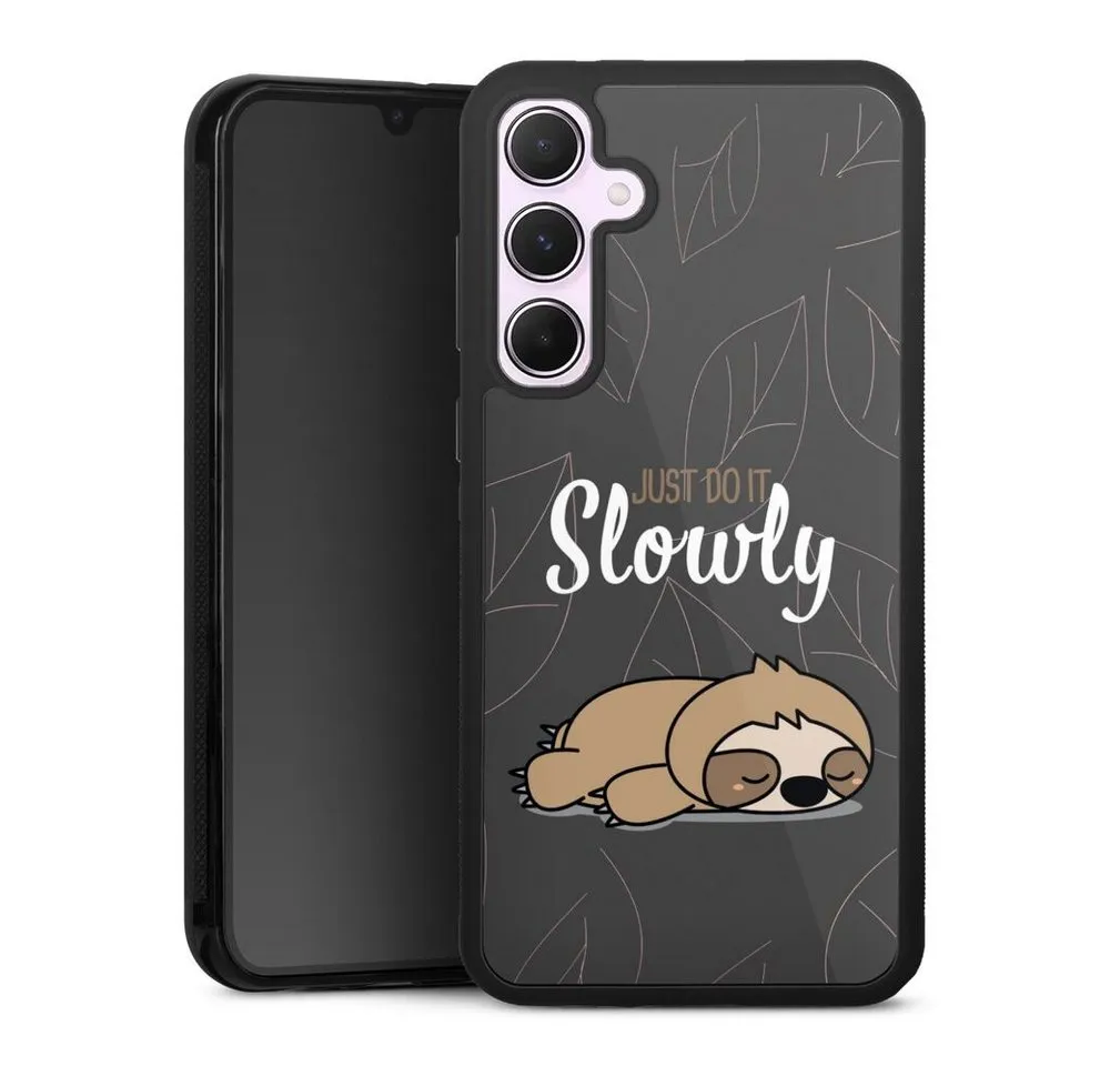 DeinDesign Handyhülle lazy sunday Sprüche Faultier Just Do It Slowly Sloth Grey, Samsung Galaxy A55 5G Gallery Case Glas Hülle