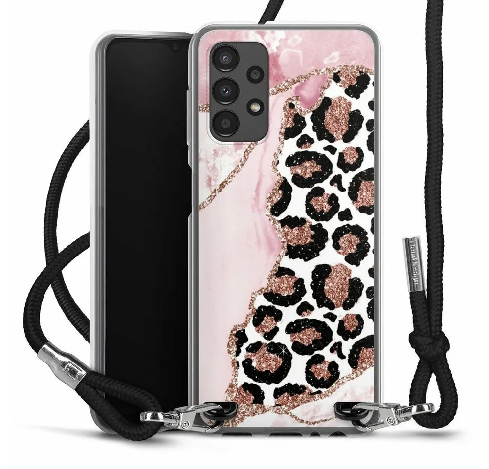 DeinDesign Handyhülle Leopard Glitzer Look Marmor Patterns and Textures Smooth Pink, Samsung Galaxy A13 4G Handykette Hülle mit Band Case zum Umhängen