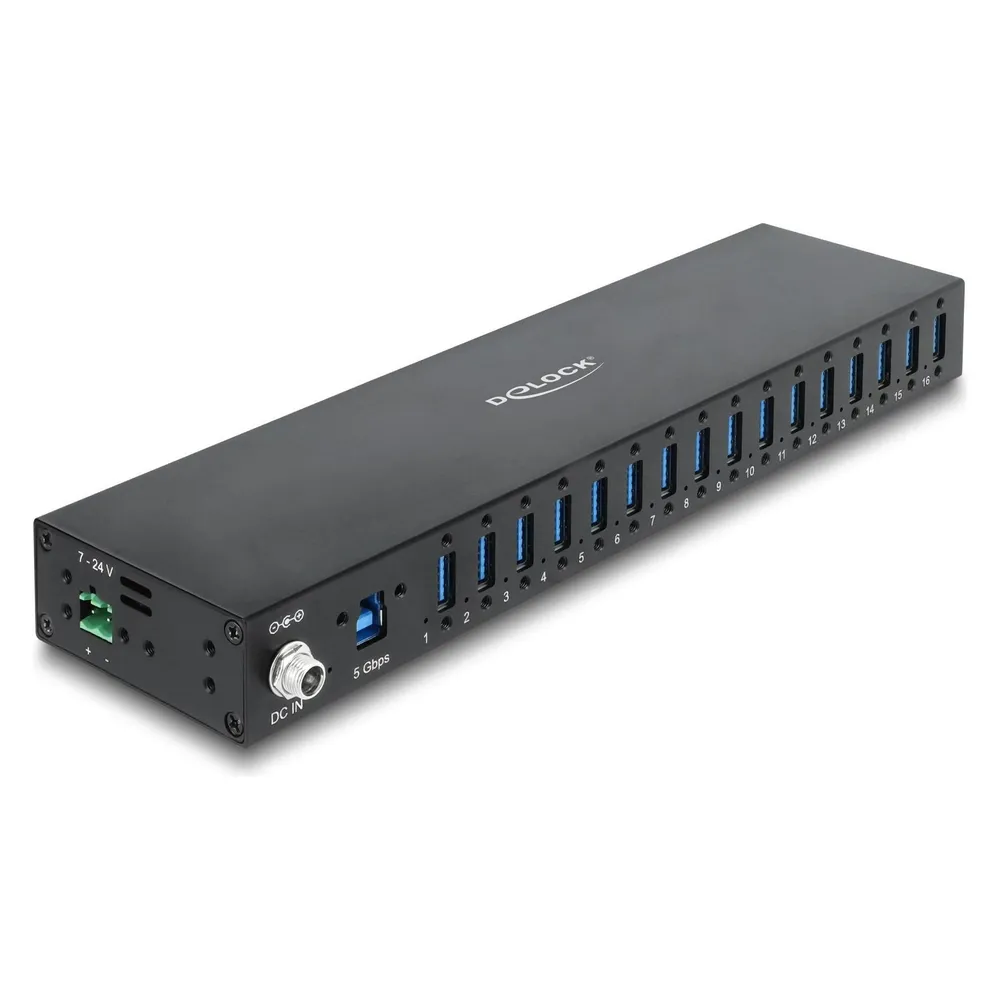 Hub Delock 16 Ports 5 Gbps Modell 60793 mit ESD und DIN-Schienenmontage