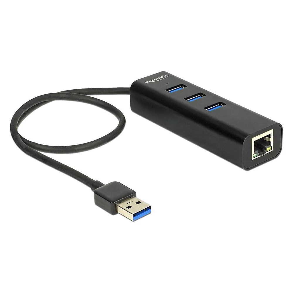 Hub Delock 3 Ports 1000 Mbps USB 3.0 Gigabit Ethernet LED