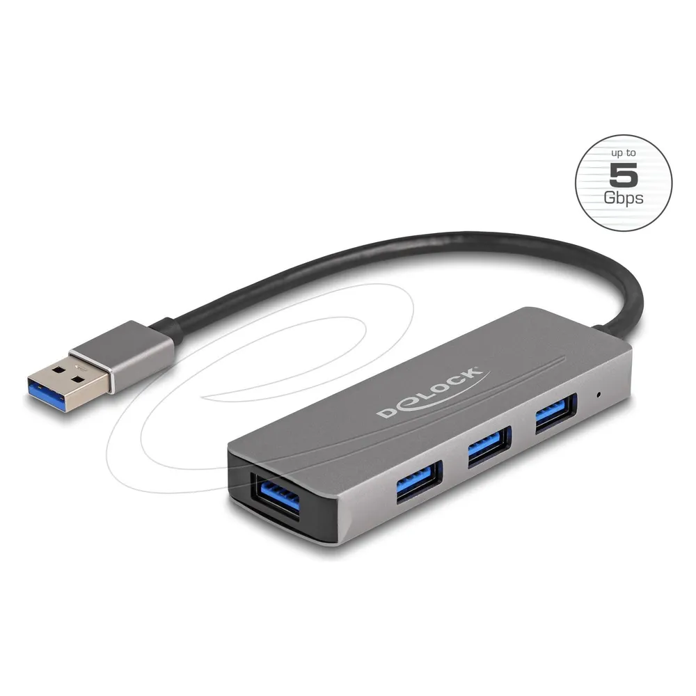 Hub Delock 4 Ports USB 3.2 Gen 1 5 Gbps Typ-A Anschluss Metallisch Grau