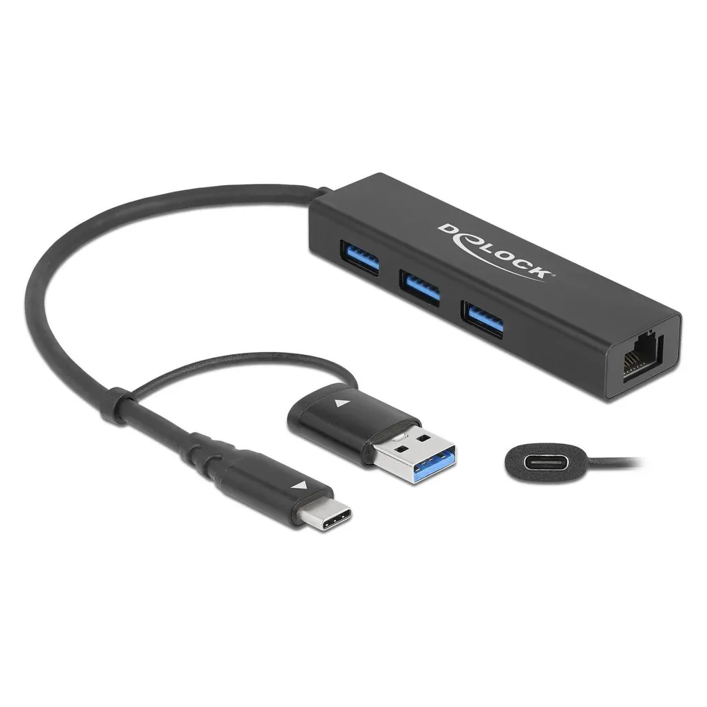 Hub Delock 3 Ports USB 3.2 Gen 1 Gigabit Ethernet kompakt tragbar