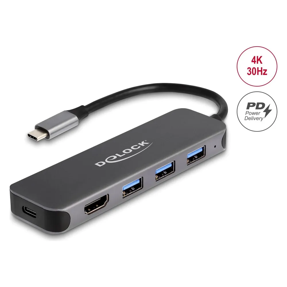 Hub Delock 3 Ports USB 3.2 Gen 1 85 W HDMI 4K 30 Hz PD 3.0 Grau