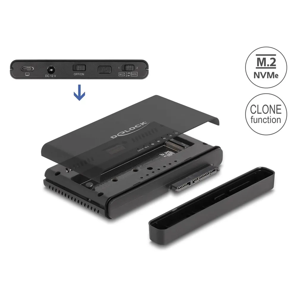 Konverter DeLock 64190 USB-C für 1x M.2 NVMe SSD 1x 2,5"/3,5" SATA HDD/SSD Klonfunktion