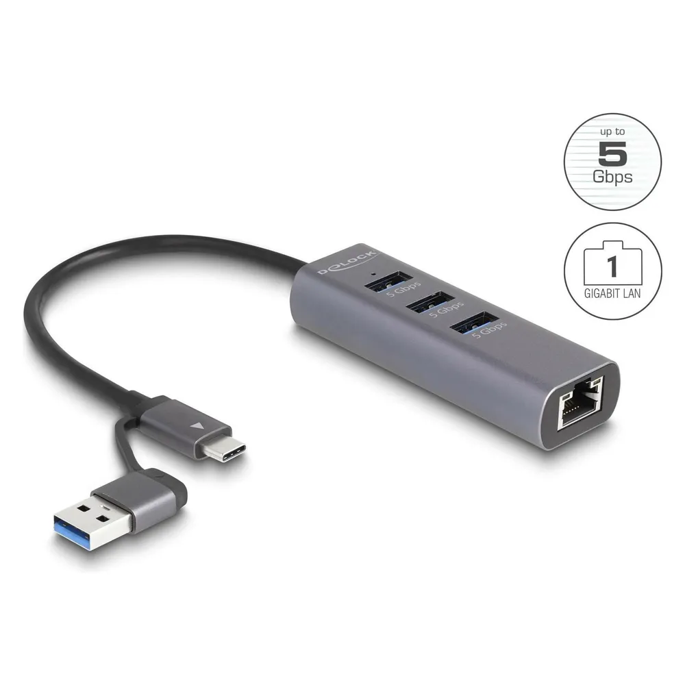 Hub Delock 3 Ports 5 Gbps Gigabit LAN USB-C/A Metallgehäuse