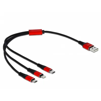 Ladekabel USB 3 in 1 Delock Typ-A zu Lightning/Micro USB/USB Type-C 30 cm schwarz/rot