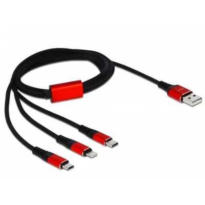 Ladekabel USB 3 in 1 Delock Typ-A zu Lightning/Micro USB/USB Type-C 1 m schwarz/rot