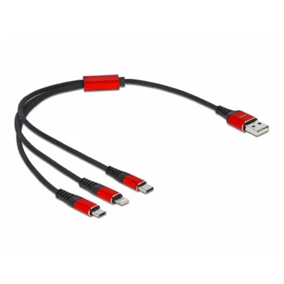 Ladekabel USB 3 in 1 DeLOCK Typ-A zu Lightning/2 x USB Type-C 30 cm Schwarz/Rot