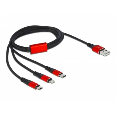 Ladekabel USB 3 in 1 Delock Typ-A zu Lightning/2 x USB Type-C 1 m Schwarz/Rot
