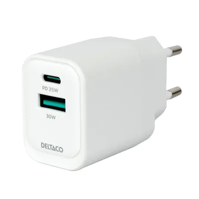 Ladegerät Deltaco USBC-AC159 35W 2 Ports USB-C USB-A Weiß