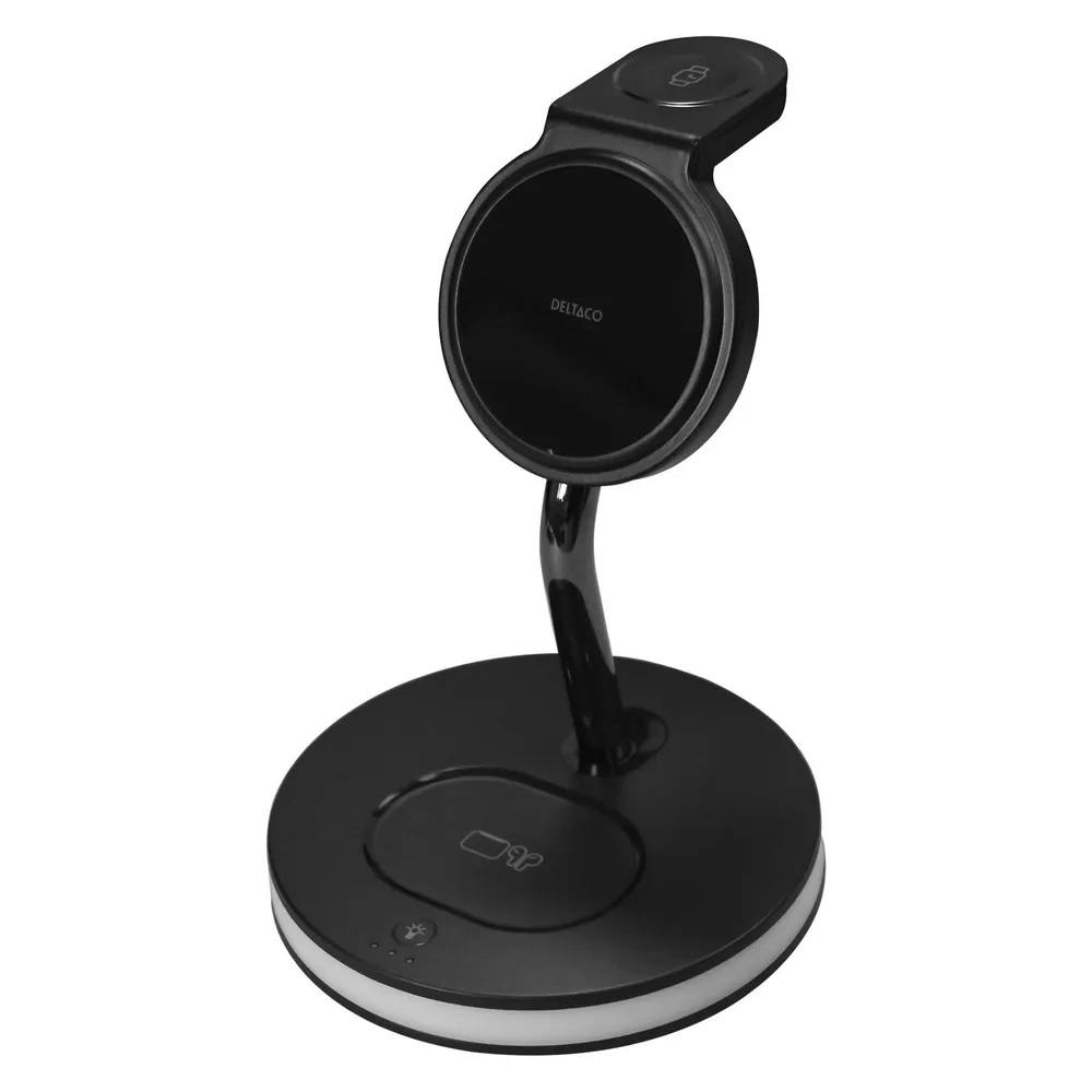 Deltaco 3-in-1 magnetinis belaidis įkroviklis, telefonas/TWS/laikrodis, LED lemputė / QI-1041