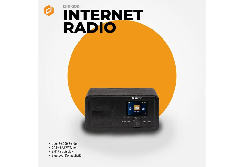 Denver DIR-200 Internet-Radio (Digitalradio (DAB), FM-Radio, Internetradio, 2 W, mit Bluetooth 5.0 und integriertem Wecker)