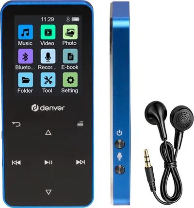 Denver MP3/MP4-Player – Bluetooth – Zufallswiedergabe/Wiederholung – SD-Karte bis zu 128 GB – inkl. Ohrhörer – Diktiergerät – MP1830BU – Blau