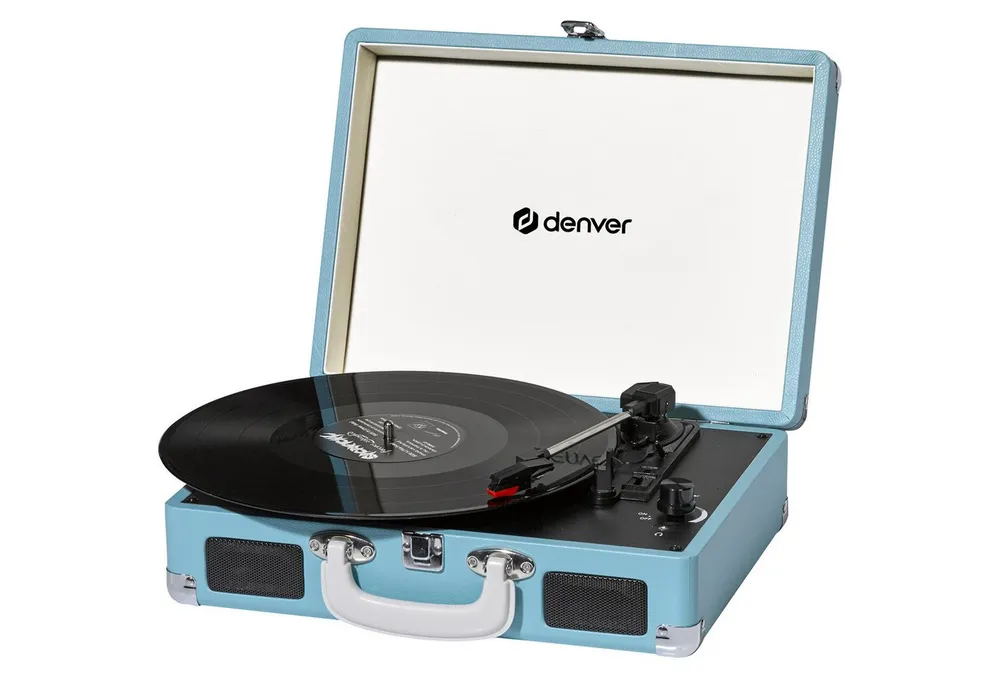 Denver VPL-120BU Plattenspieler (Riemenantrieb, Kofferdesign, Kopfhöreranschluss, mit 2 eingebauten Lautsprechern)