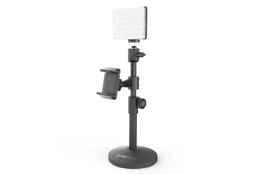 DigiPower Smartphone-Halterung Achiever Smartphone-Ständer, 60 LEDs, höhenverstellbare Tischhalterung, (Handyständer aus Metall für Handys bis zu einer Länge von 8,9cm)