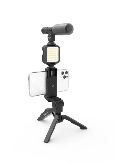 DigiPower Smartphone-Halterung Vlogging Set "Like Me", LEDs Mikrofon Handy Halterung Mini-Stativ, (4-tlg., für TikTok, Youtube, Live-Streaming und Meetings)