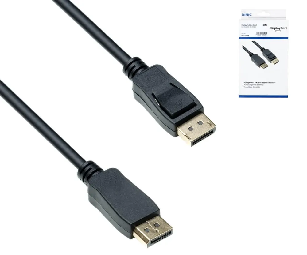 DisplayPort 1.4 Kabel, 2 m, 8K/60Hz, 32,4 GBpS, Schwarz