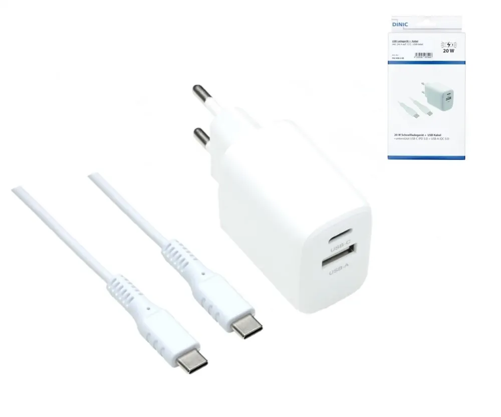 Ladegerät (USB-A + USB-C) inkl. USB-C-Kabel, 1,5 m, 20 W, Weiß