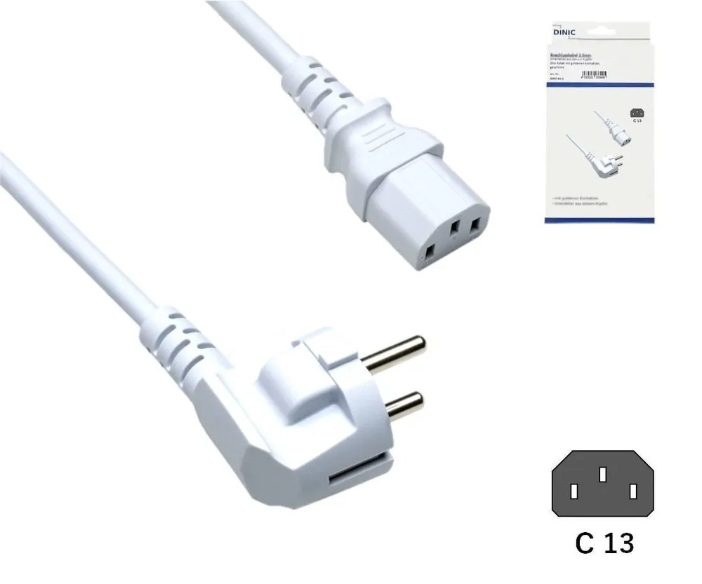 Netzkabel Europa CEE 7/7 90° auf C13, 0,75mm², VDE, weiß, Länge 1,80m
