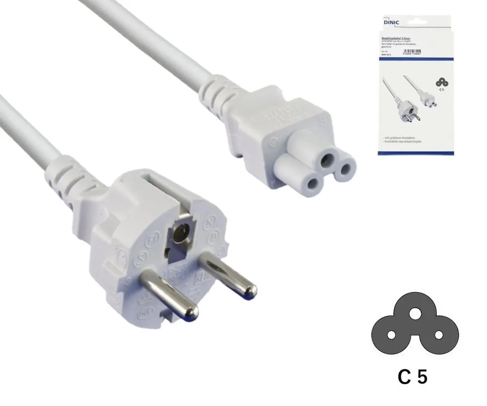 Netzkabel Europa CEE 7/7 auf C5, 0,75mm², CEE 7/7/IEC 60320 auf C5, VDE, weiß, Länge 1,80m