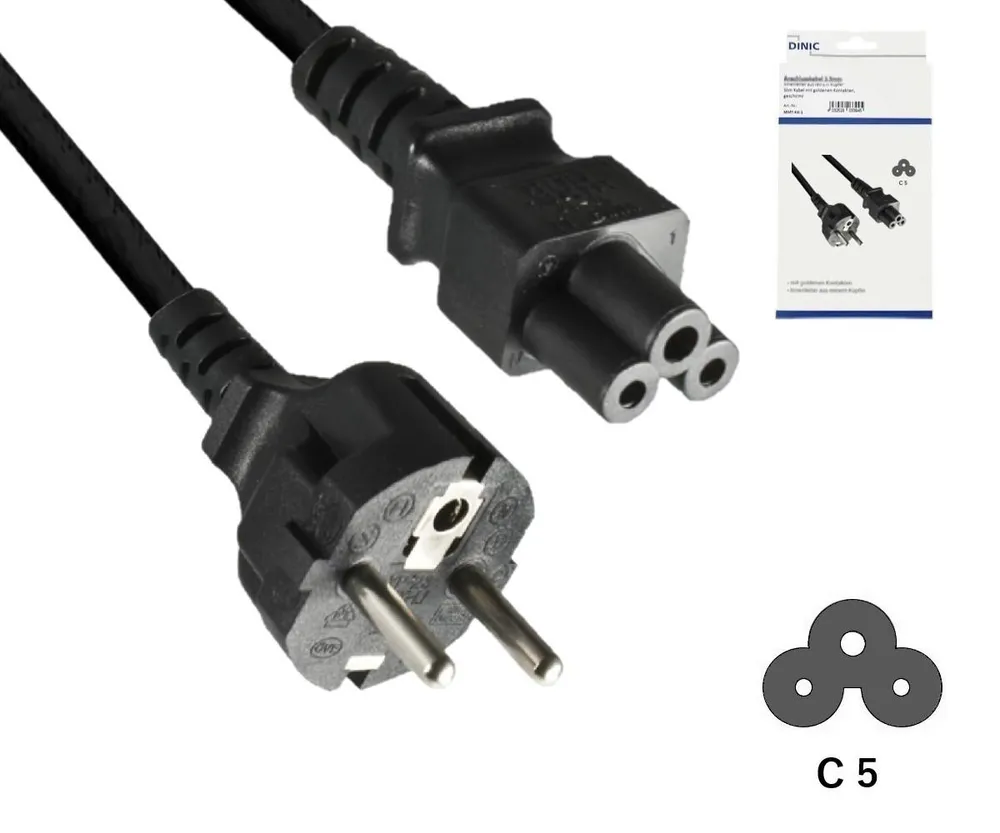 Netzkabel Europa CEE 7/7 auf C5, 0,75mm², CEE 7/7/IEC 60320 auf C5, VDE, schwarz, Länge 1,80m
