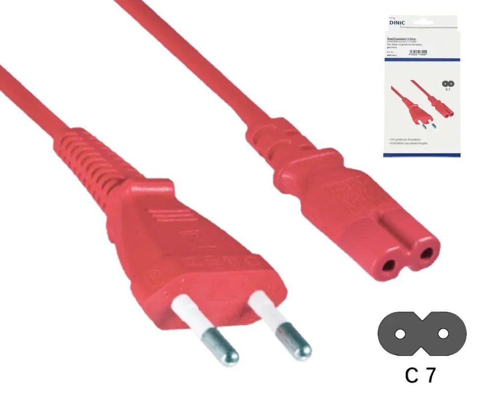 Netzkabel Eurostecker Typ C auf C7, 0,75mm², Eurostecker/IEC 60320-C7, VDE, rot, Länge 1,80m
