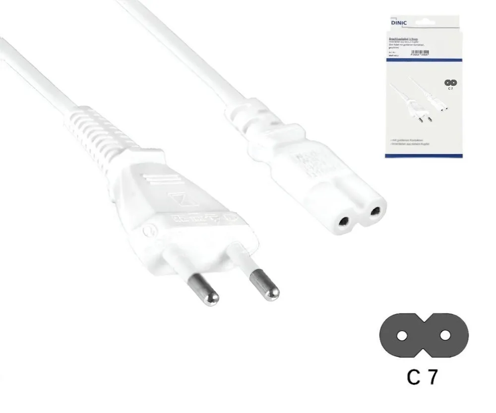 Netzkabel Eurostecker Typ C auf C7, 0,75mm², Eurostecker/IEC 60320-C7, VDE, weiß, Länge 2,00m