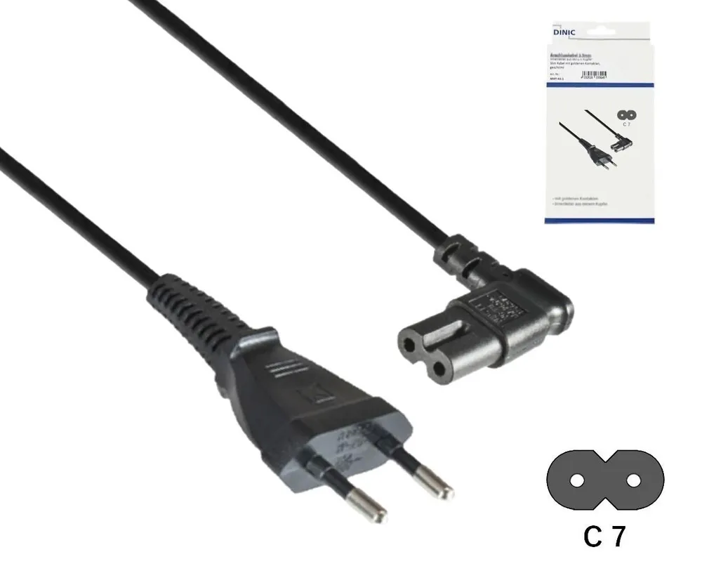 Netzkabel Typ C auf C7 gewinkelt, 0,75mm², Eurostecker/IEC 60320-C7, VDE, schwarz, Länge 2,00m