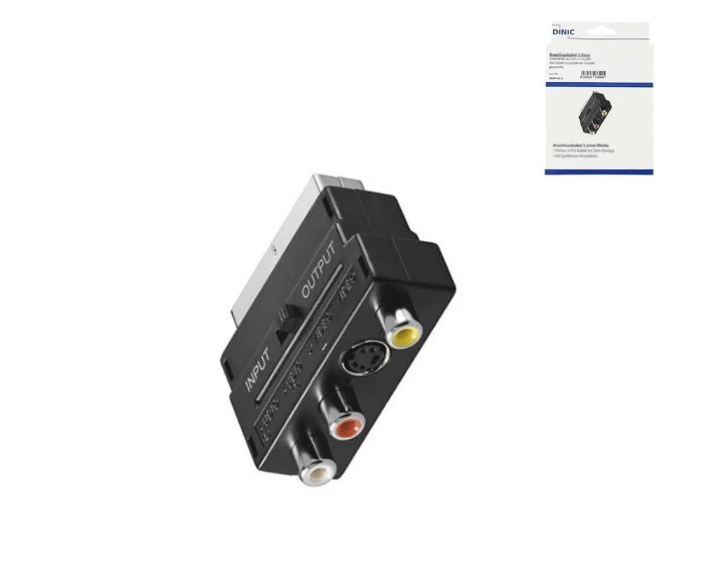 Scartstecker mit IN/OUT Umschalter, 3x Cinchbuchse und 4 pol. mini DIN-Buchse