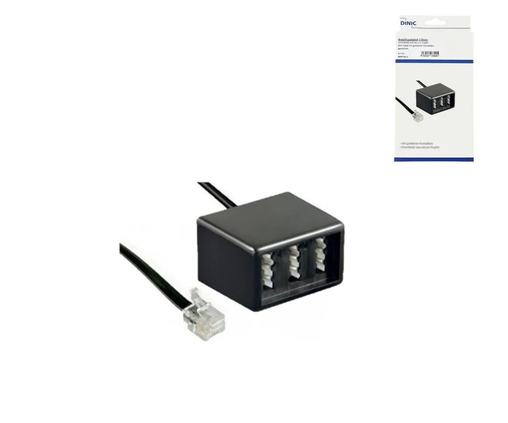 TAE Verteiler, 3x TAE N/F/F Buchse auf RJ11/RJ45 Stecker (6P4C), 0,2 m, Schwarz
