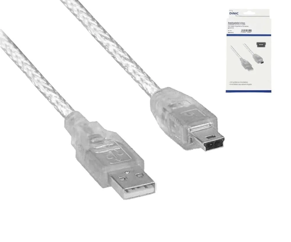 USB-A 2.0 Stecker auf 5pin mini Stecker Kabel, AWG 28/26, transparent, 2 m