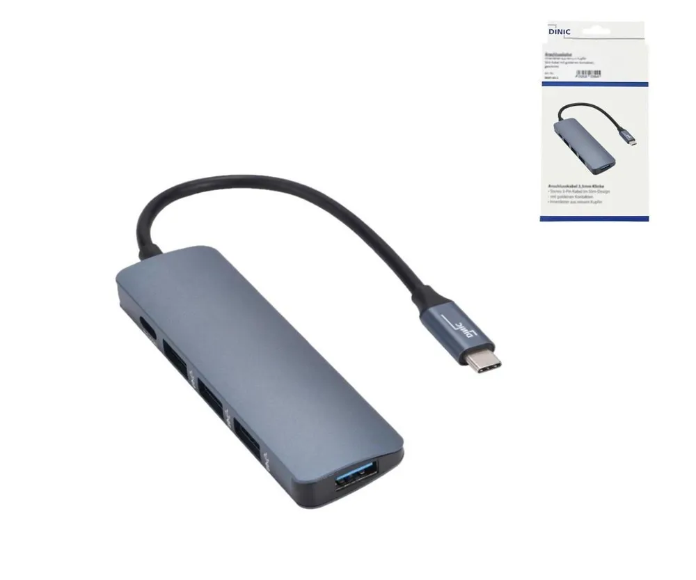 USB-A 4-Port HUB+PD, USB-C Adapter, 4x USB 3.0 + Typ C Ladebuchse, Grau