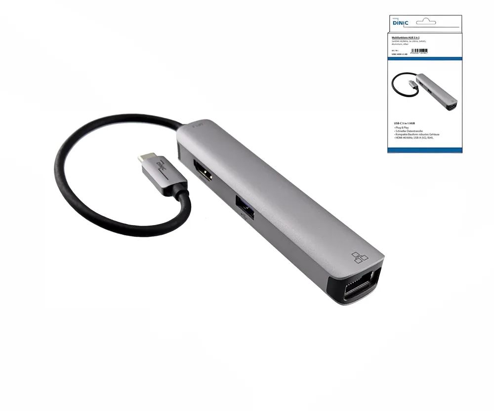 USB-C 5-in-1-Dockingstation: HDMI 4K/60Hz, RJ45, 3x USB-A (5G), Aluminium, silber