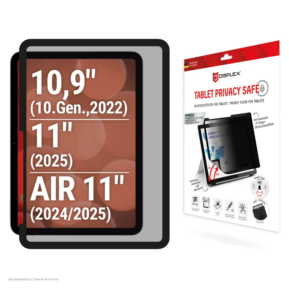 Displex Displayschutzfolie Tablet Privacy Safe für Apple iPad 10,9" (10. Gen., 2022), Apple iPad 11" (2025), Apple iPad Air 11" (2024/2025), Blickschutzfolie, Schutzfolie, Bildschirmschutz, kratz- & stoßfest