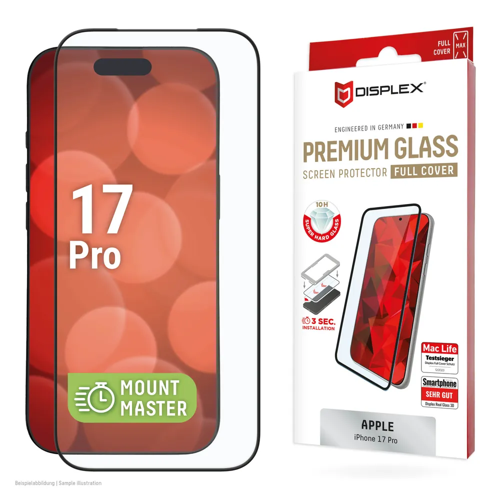 Displex Displayschutzglas Premium Glass Screen Protector mit EASY-ON MountMaster für Apple iPhone 17 Pro, Displayschutzfolie, Schutzfolie, Bildschirmschutz, kratz- & stoßfest