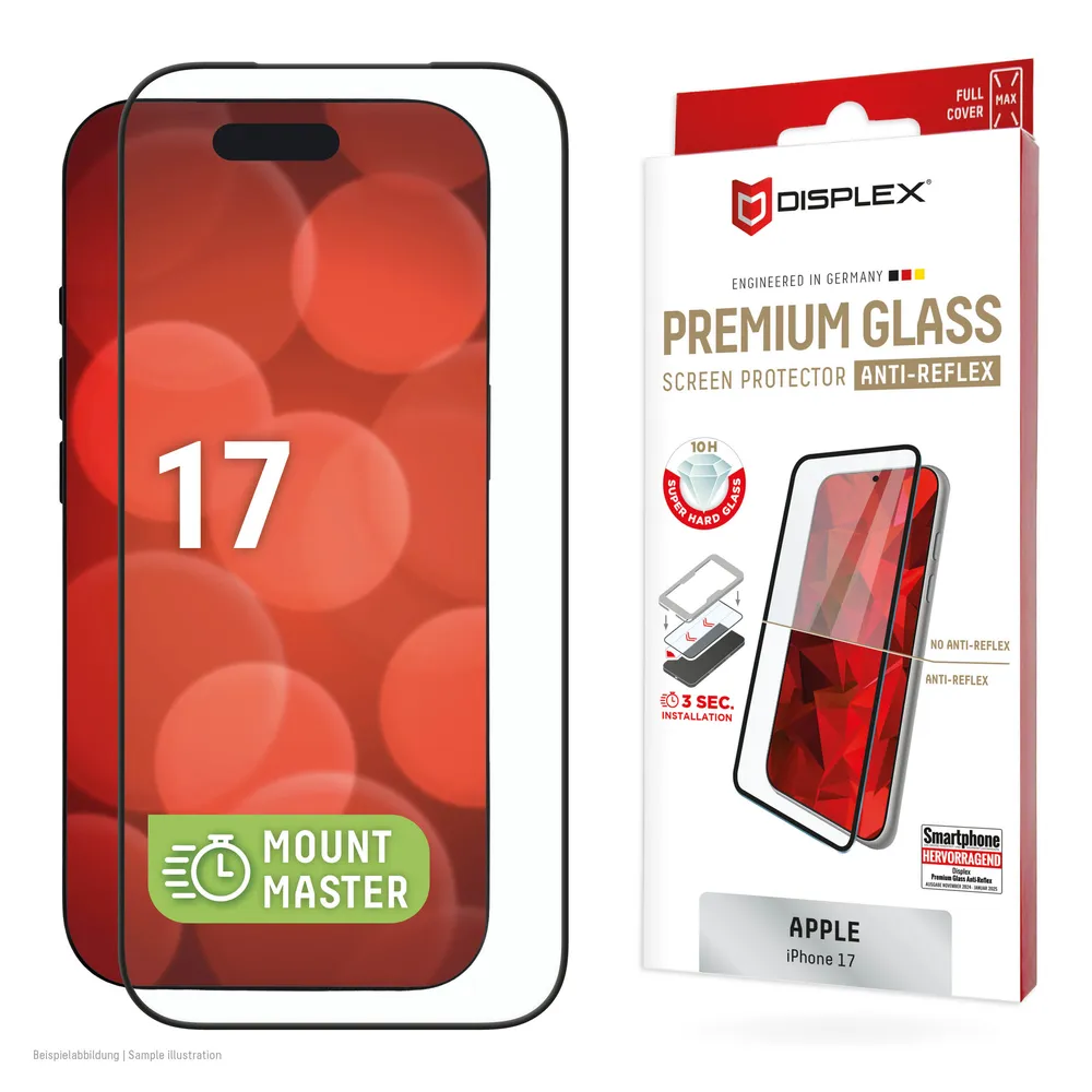 Displex Displayschutzglas Premium Glass Screen Protector Anti-Reflex mit EASY-ON MountMaster für Apple iPhone 17, Displayschutzfolie, Schutzfolie, Bildschirmschutz, kratz- & stoßfest
