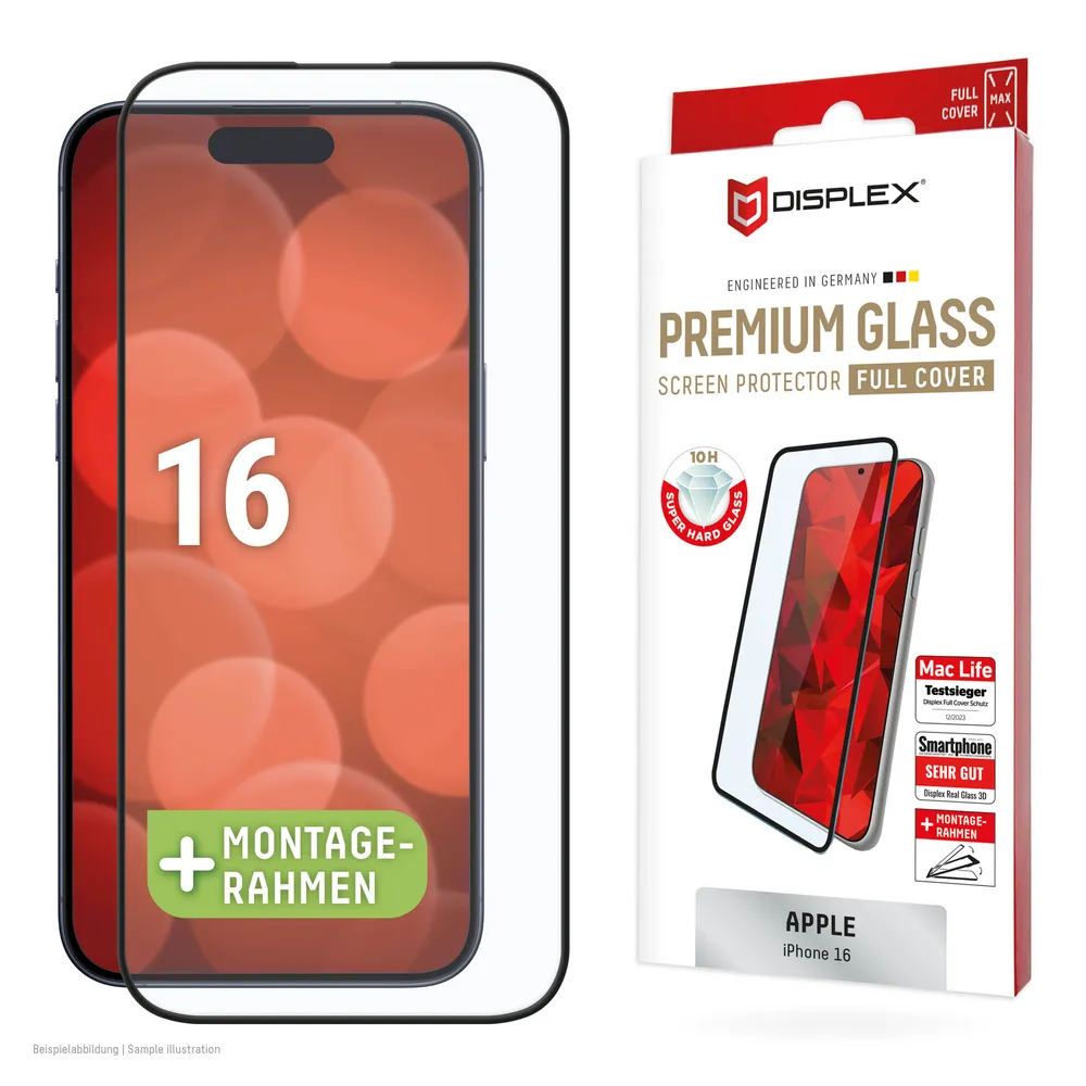 Displex Displayschutzglas Premium Glass Full Cover für Apple iPhone 16, 1 Stück, Displayschutzfolie, Schutzfolie, Bildschirmschutz, kratz- & stoßfest