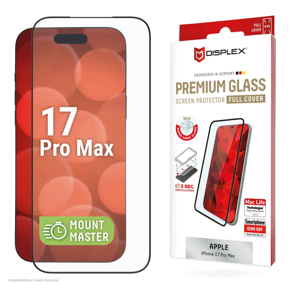 Displex Displayschutzglas Premium Glass Screen Protector mit EASY-ON MountMaster für Apple iPhone 17 Pro Max, Displayschutzfolie, Schutzfolie, Bildschirmschutz, kratz- & stoßfest