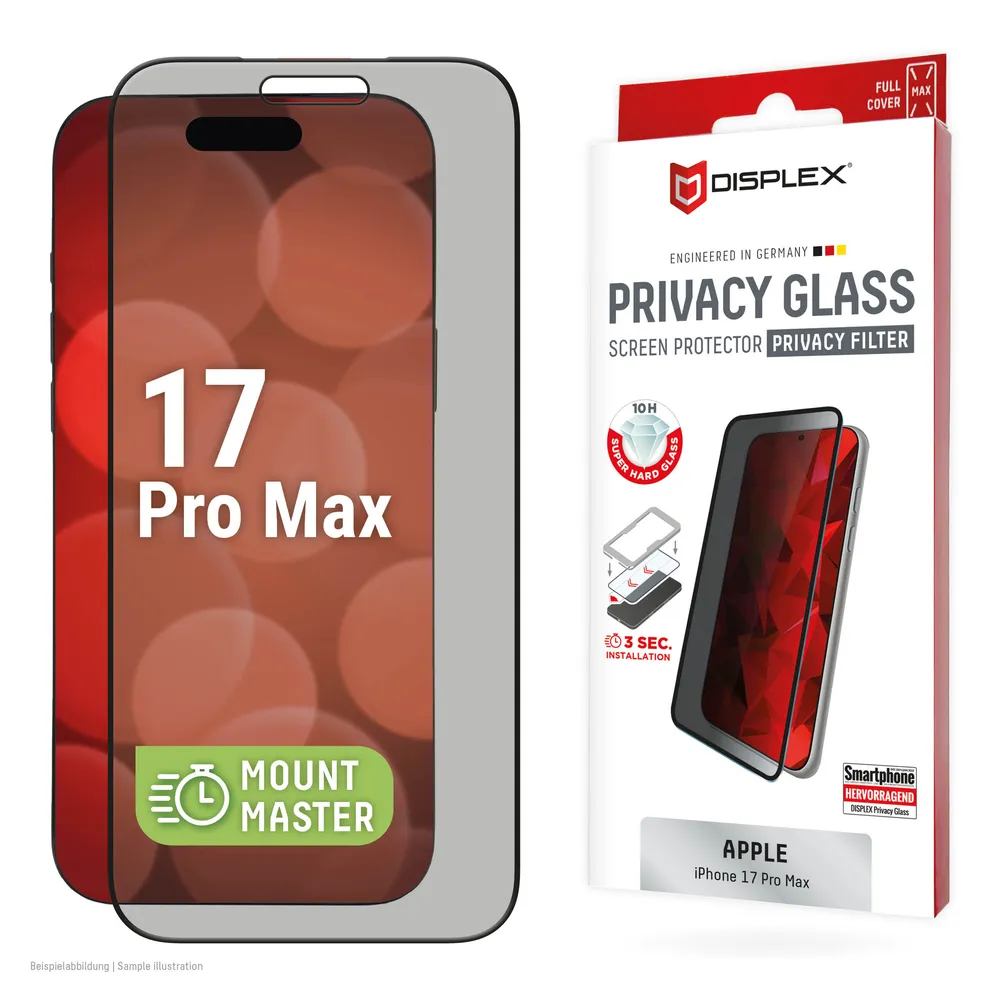 Displex Displayschutzglas Privacy Glass Screen Protector mit EASY-ON MountMaster für Apple iPhone 17 Pro Max, Displayschutzfolie, Schutzfolie, Bildschirmschutz, kratz- & stoßfest