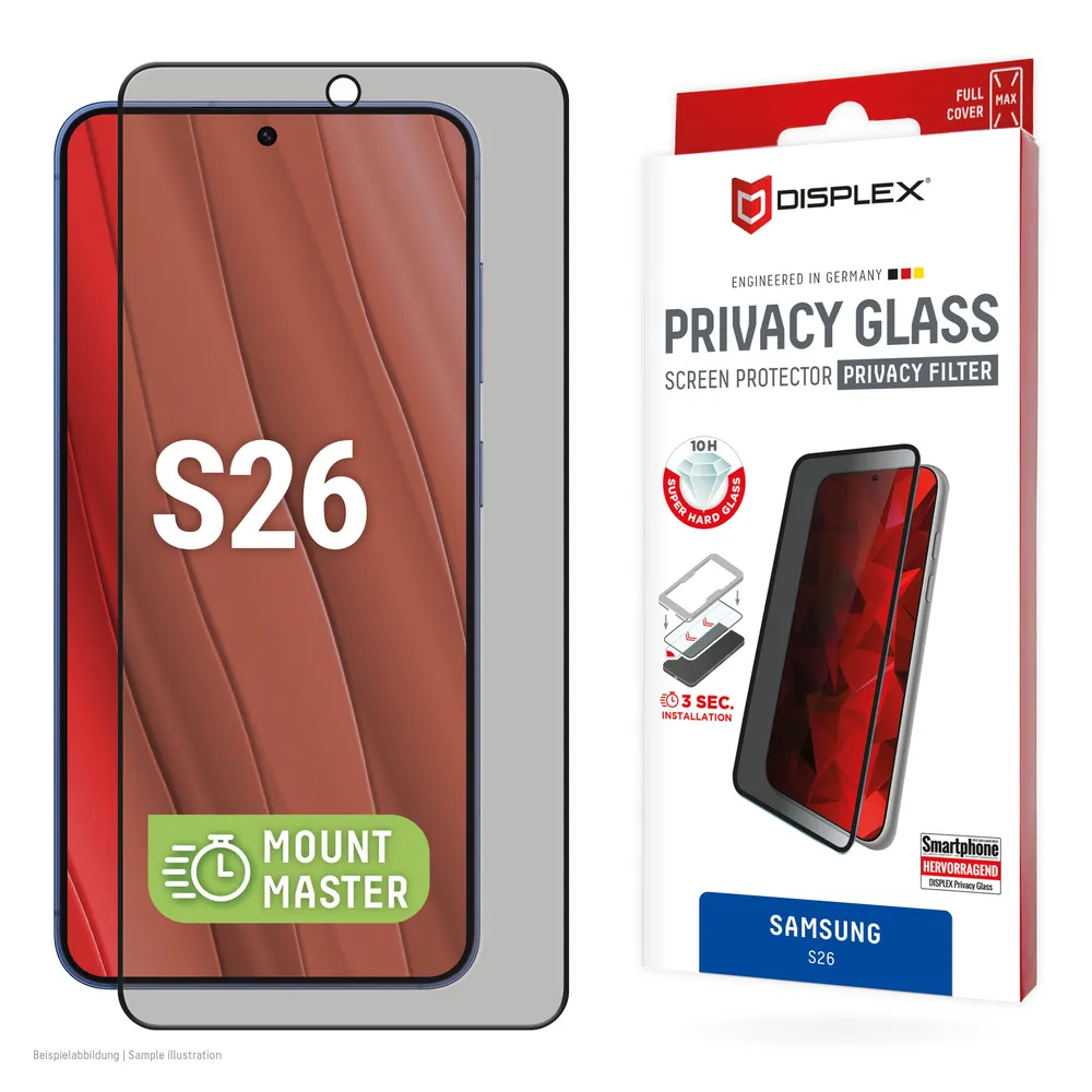 Displex Displayschutzglas Privacy Glass Screen Protector mit MountMaster für Samsung Galaxy S26, Displayschutzfolie, Schutzfolie, Bildschirmschutz, kratz- & stoßfest