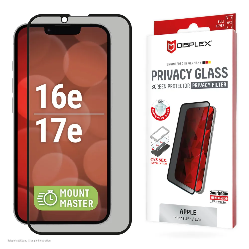 Displex Displayschutzglas Privacy Glass Screen Protector mit EASY-ON MountMaster für Apple iPhone 16e, Apple iPhone 17e, Displayschutzfolie, Schutzfolie, Bildschirmschutz, kratz- & stoßfest
