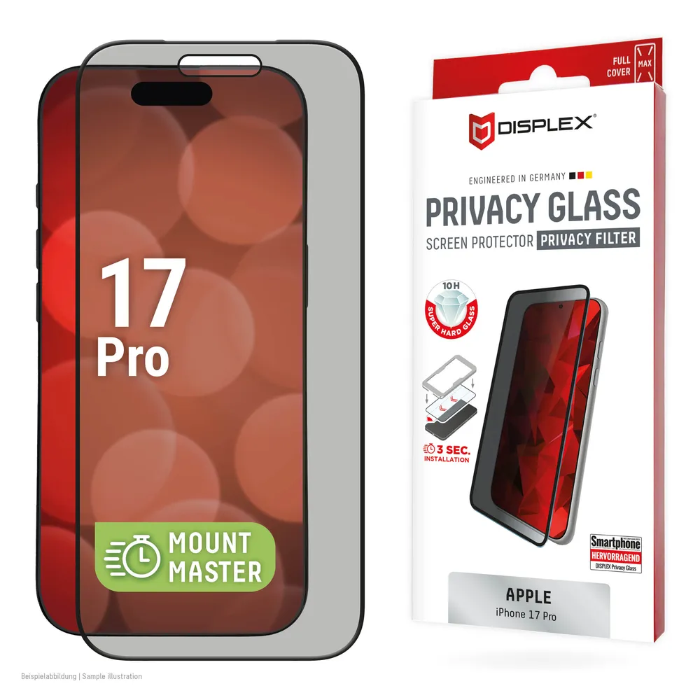 Displex Displayschutzglas Privacy Glass Screen Protector mit EASY-ON MountMaster für Apple iPhone 17 Pro, Displayschutzfolie, Schutzfolie, Bildschirmschutz, kratz- & stoßfest